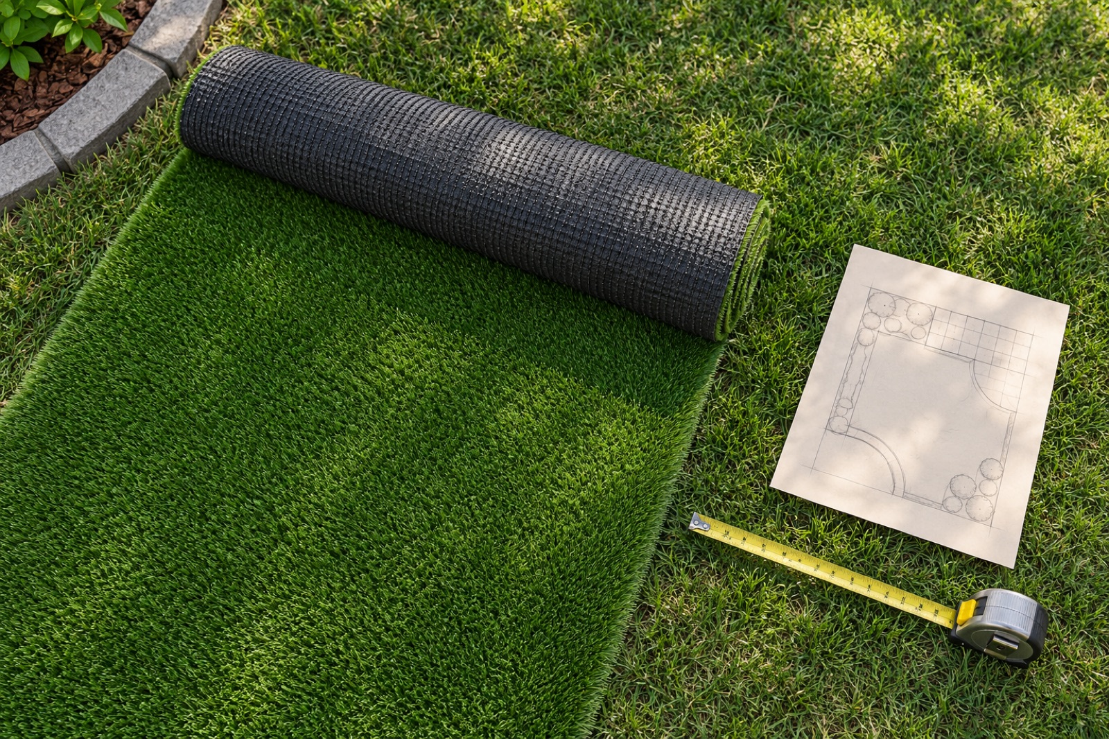 Artificial turf roll unrolled on a lawn next to a tape measure and a layout sketch