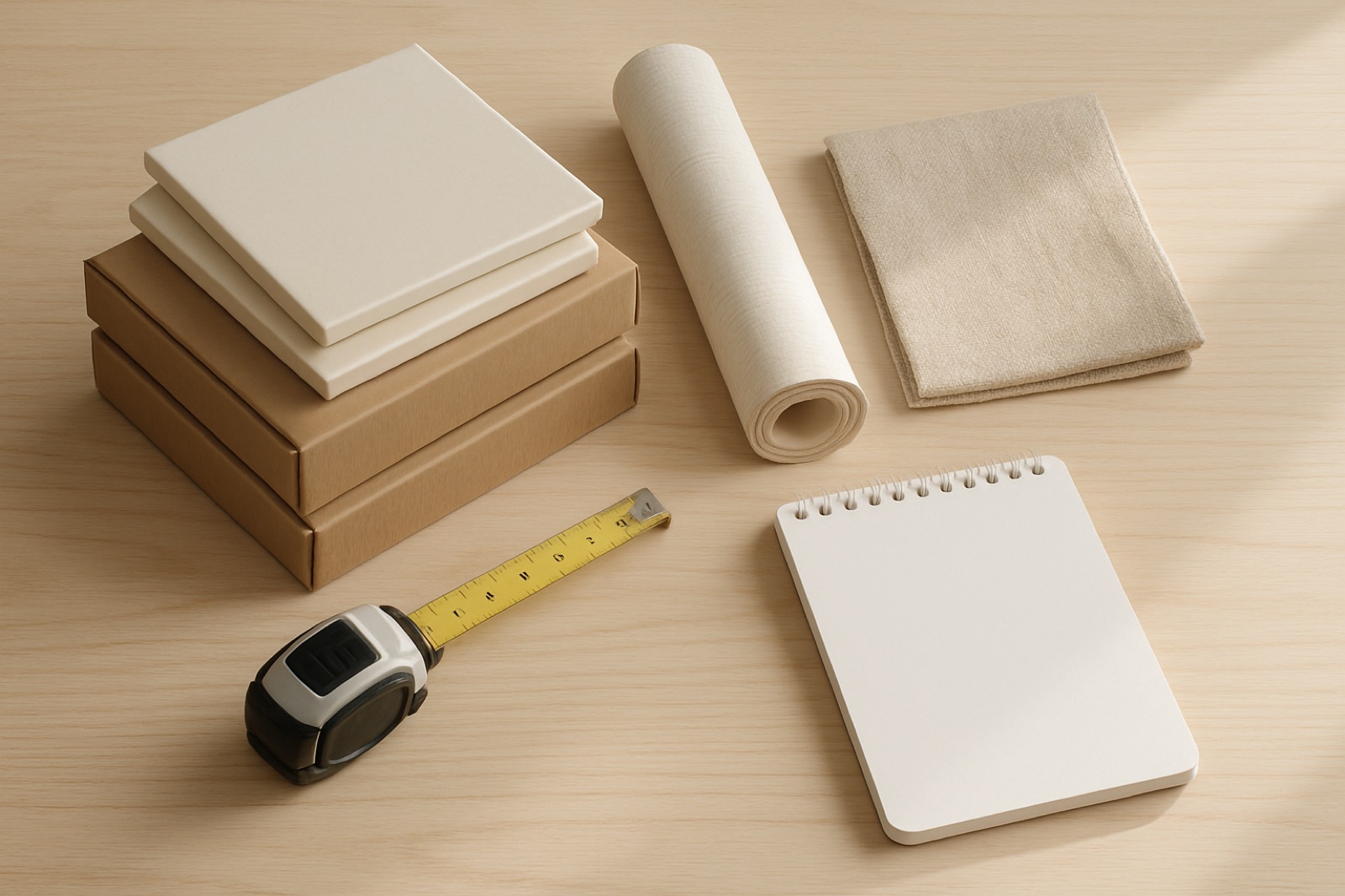 Tile boxes, a wallpaper roll, a fabric swatch and a tape measure arranged on a light wooden surface