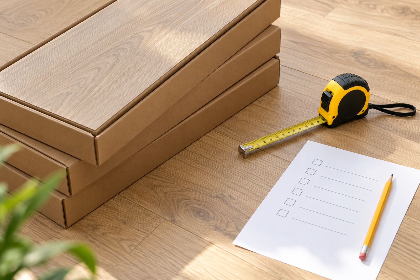Stacked flooring boxes with a tape measure and a blank checklist on a wooden surface