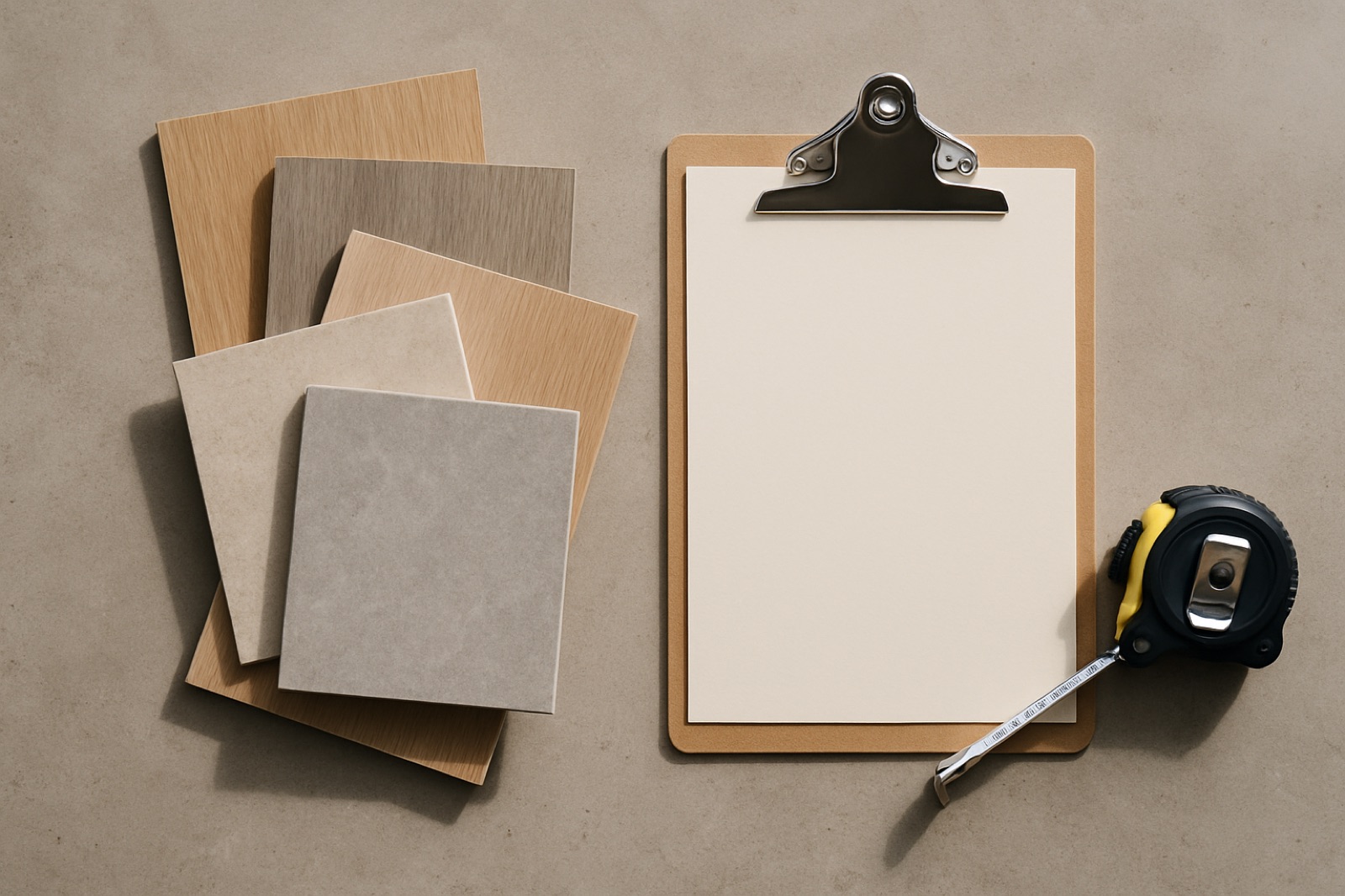 Flooring planks and tiles in slightly different shades laid out next to a tape measure and clipboard