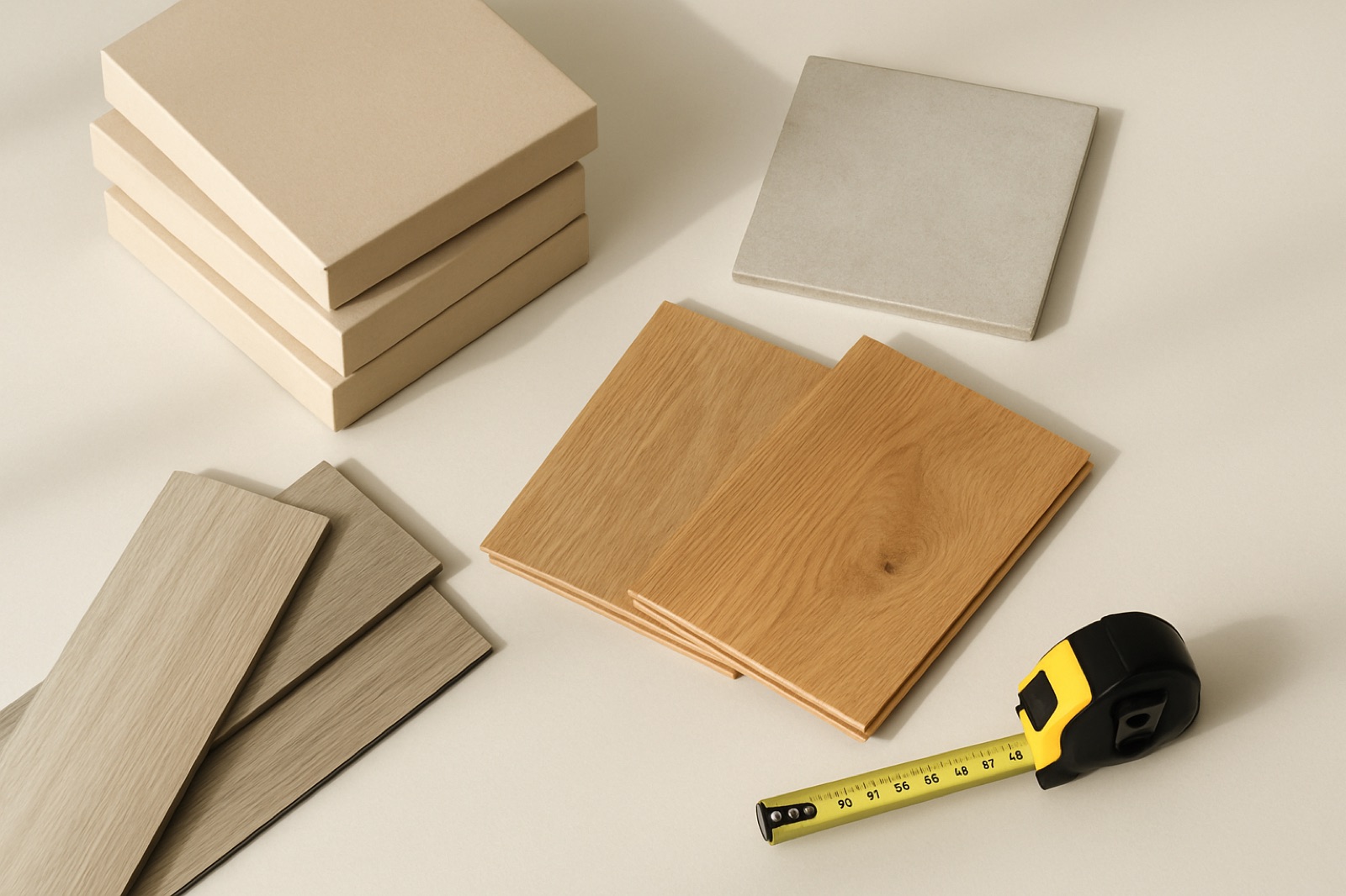 Flooring plank and tile samples with sealed boxes and a tape measure on a light surface
