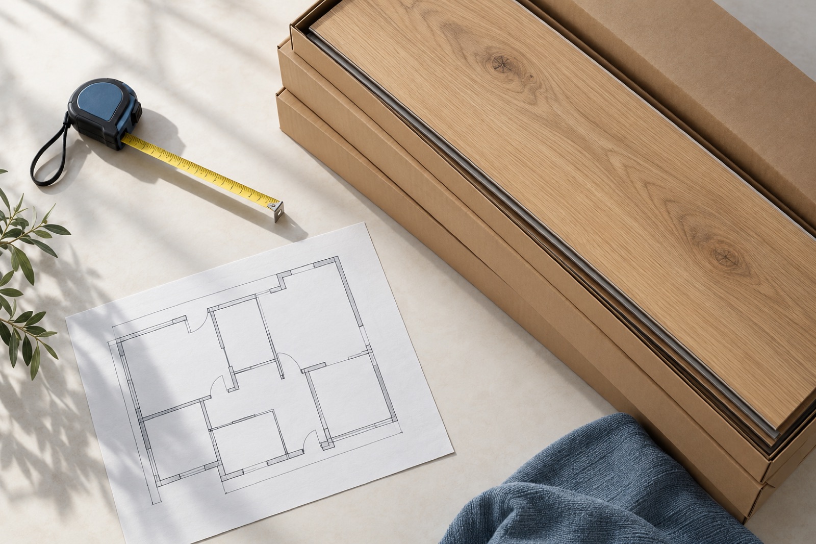 Tape measure, flooring boxes and a floor plan sketch illustrating a measurement price calculator