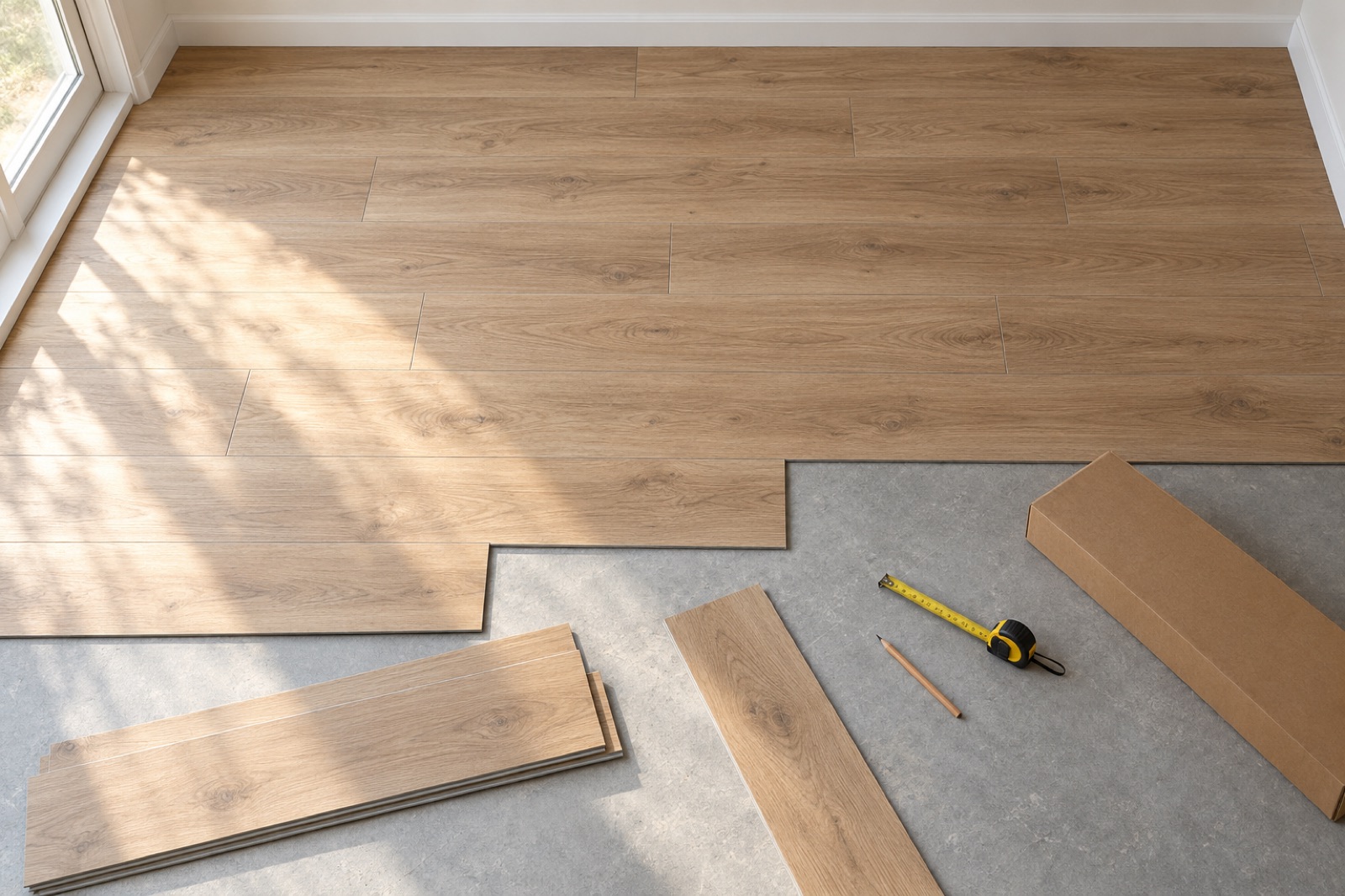 Partially laid staggered vinyl planks with a tape measure and an unopened flooring carton in an empty room