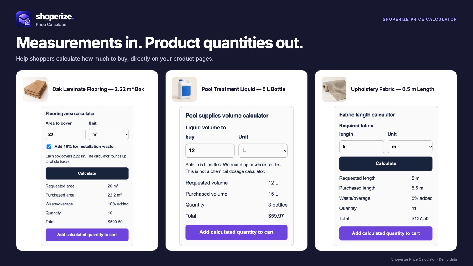 Shoperize Price Calculator showing flooring, liquid volume and fabric length examples with illustrative product data.
