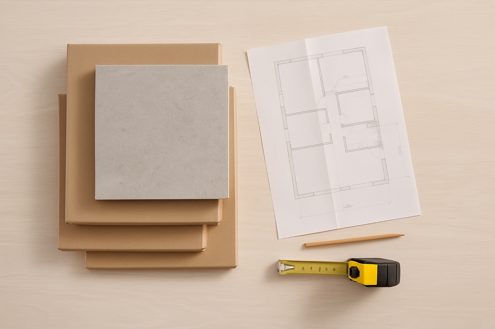 Stacked cartons of floor tile next to a tape measure and a floor plan sketch on a wooden surface