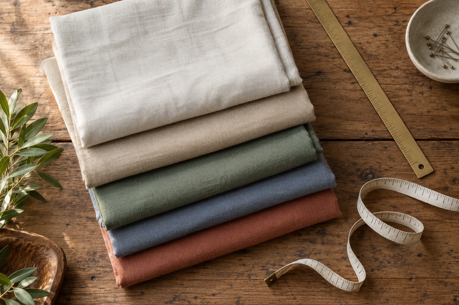 Folded fabric lengths on a cutting table with a yardstick and measuring tape
