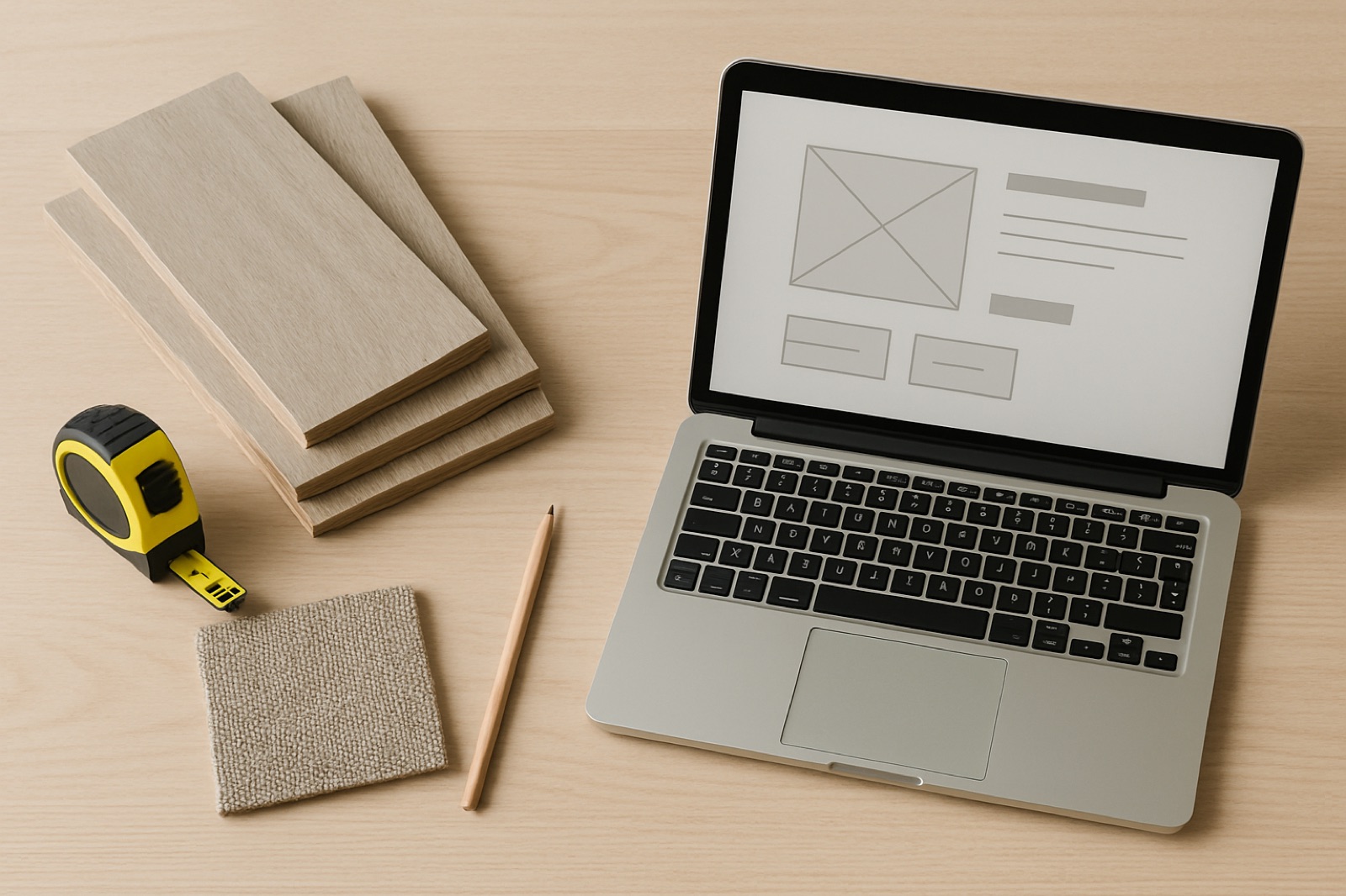 Tape measure, flooring planks and fabric swatch beside a laptop with a blank product page layout