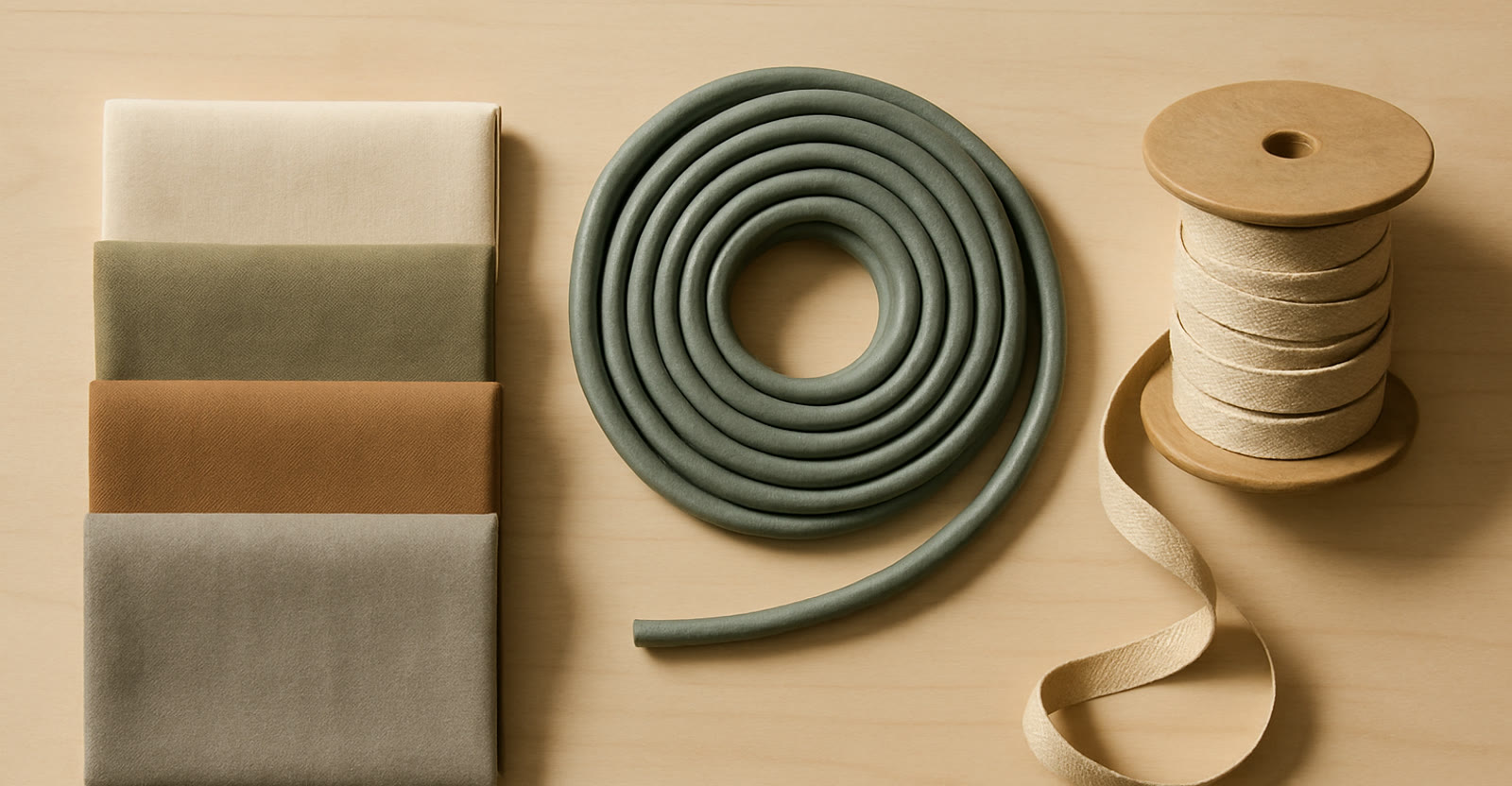 Cut lengths of fabric, hose and trim beside a measuring tape on a workbench