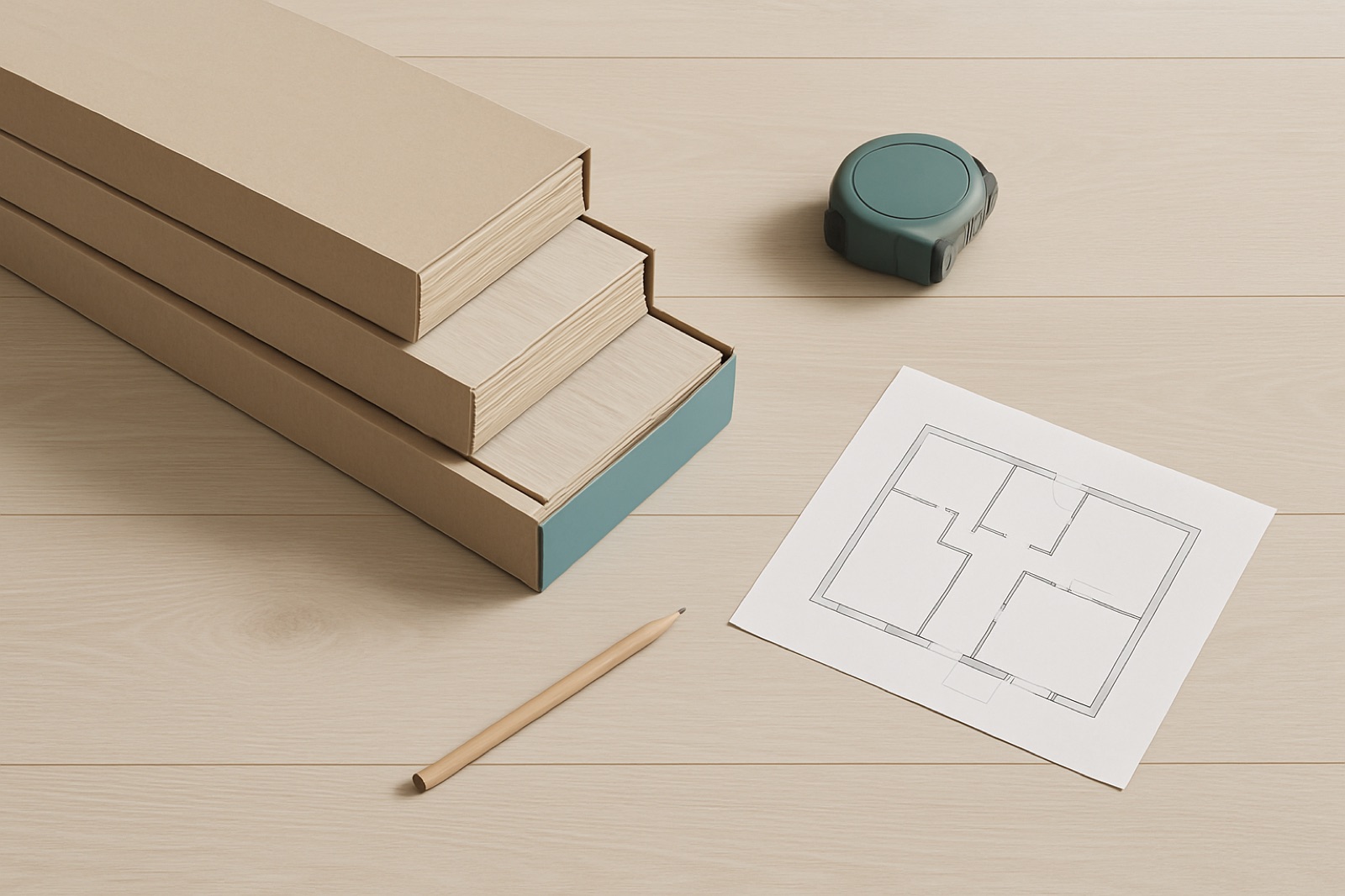 Flooring boxes, tape measure and floor plan on a wooden floor, representing measuring a room to calculate how many boxes to order