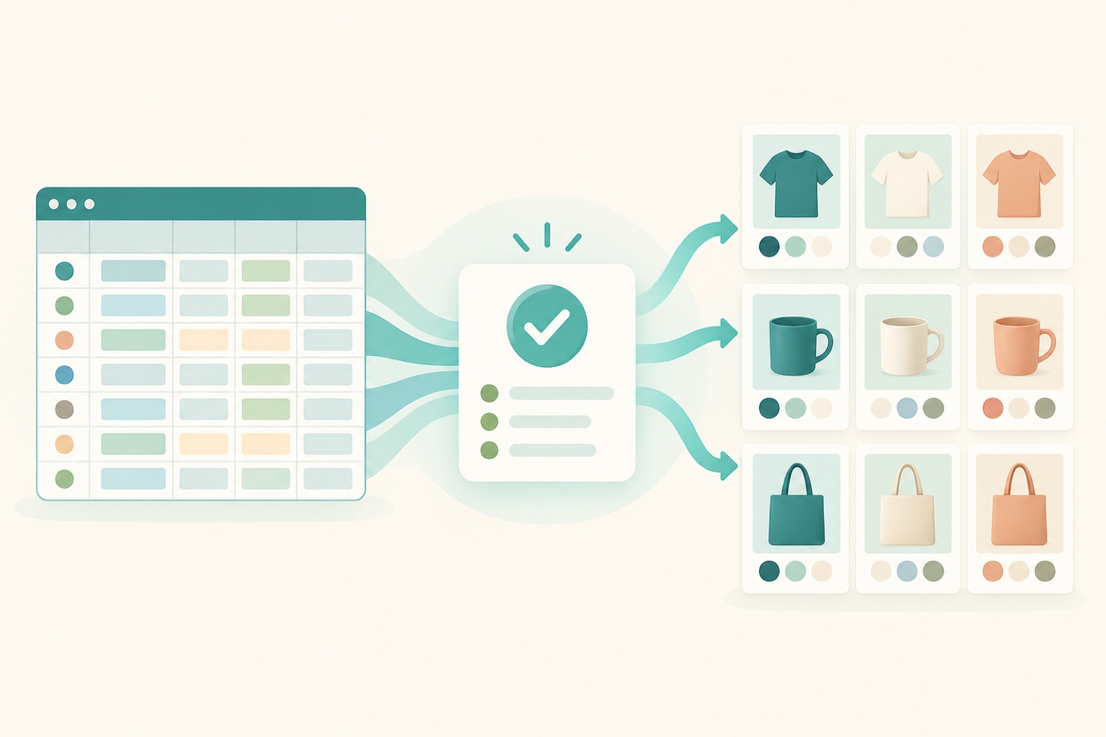 Illustration of a supplier spreadsheet being reviewed and mapped into product variant cards