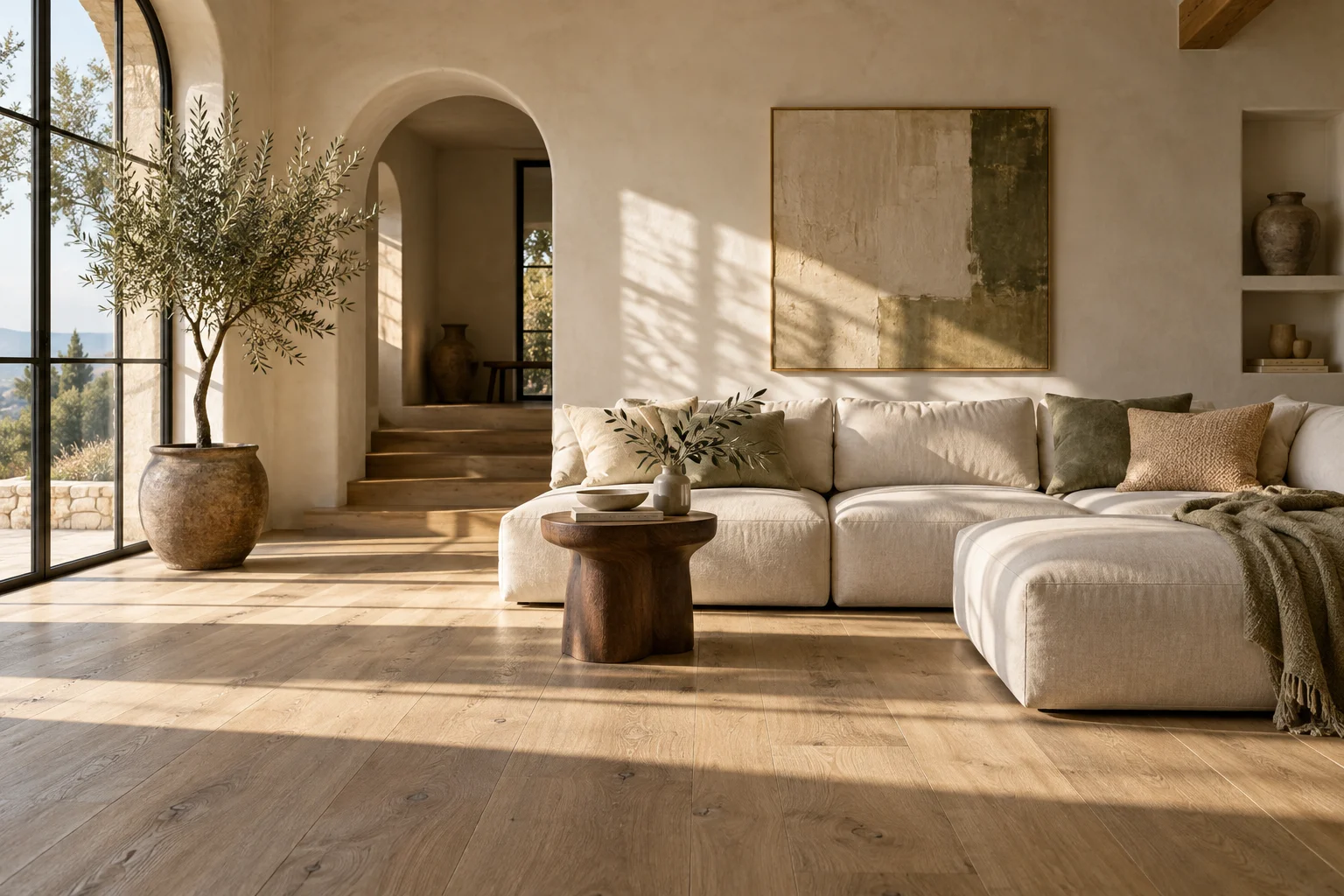 A sample home store with a warm, sunlit living room